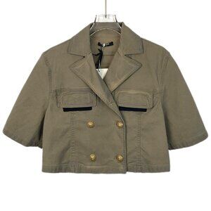 Balmain Olive Green Cotton Short-Sleeve Double-Breasted Denim Shirt